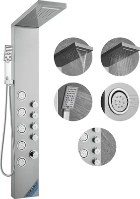 A shower panel system with various shower heads and controls, shown in a collage with close-up views of its features.