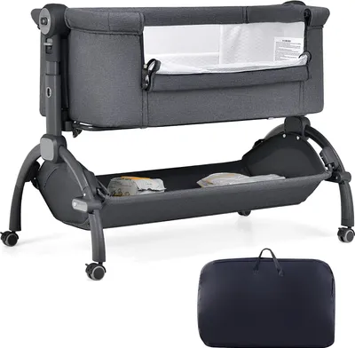 Produktbild von Beistellbett Baby, 7 stufig-höhenverstellbar Babybett mit Rollen, 95 x 65cm Reisebett für Säugling 0-6 Monate (Grau)