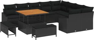 Image de Ensemble de canapé de jardin avec coussin 12 pcs Noir polyrotin