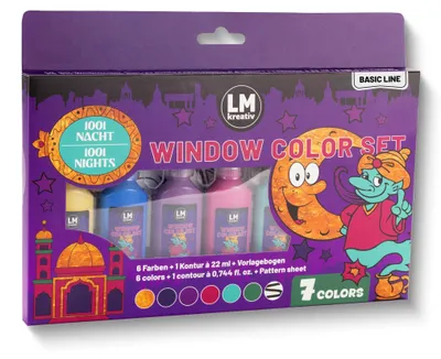 Produktbild von LM-Kreativ Window Color Set 1001 Nacht – 7 Farben – abziehbare Fensterfarbe auf Wasserbasis für Glas, Spiegel und Fliesen