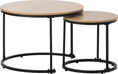 Two round nesting tables with wooden tops and black metal frames are shown against a white background.
