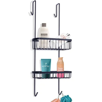 A black metal shower caddy with two shelves, hanging on a white background. It holds several bottles and tubes of toiletries.
