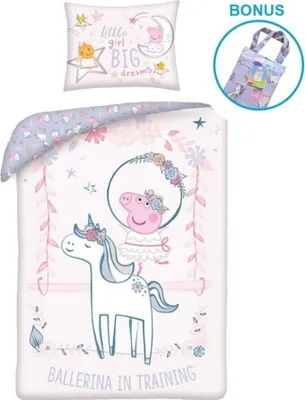 Produktbild von Kinder Baby Bettwäsche Peppa Pig - Einhorn - Ballerina 100x135 40x60 cm - Baumwolle mit Stoffbeutel Verpackung