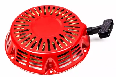 A red recoil starter for a generator engine, shown against a white background.