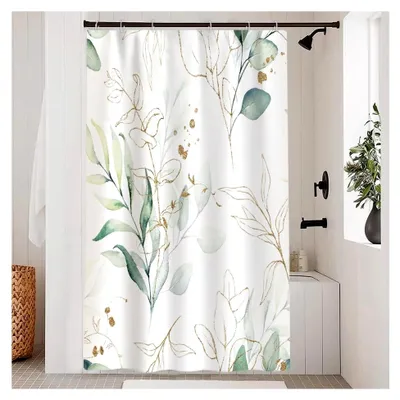 Produktbild von Duschvorhang 120x200cm, Duschvorhang Eukalyptus Grüne Blätter Anti Schimmel Gold Aquarell Pflanzen Duschvorhänge Wasserdicht Polyester Stoff Waschbar Bad Vorhang mit 8 Haken für Badezimmer