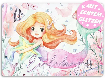 Productafbeelding van Glitter-uitnodigingskaarten - Set van 12 - Kinderverjaardag - Zeemeermin - Meisjes en jongens - Aquarel - Zwembadfeest