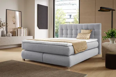 Image de Véritable lit Boxspring BLAKE avec matelas Pocket et matelas Bonell Lit familial avec topper et matelas de poche Lit avec 2 matelas (220x200, gris clair)