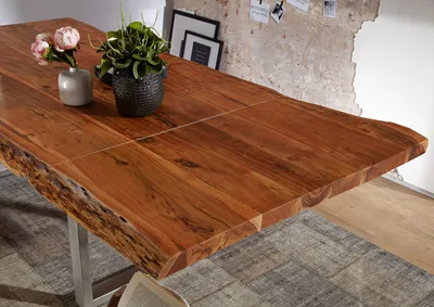 Produktbild von MASSIVMOEBEL24 Baumtisch mit Ansteckplatte Akazie 180-240x100x78cm walnuss lackiert FREEFORM 2 #23