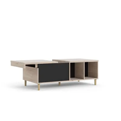 Image de Penny Table basse avec plateau extensible et 2 espaces de rangement, teinte Hickory et noir mat.