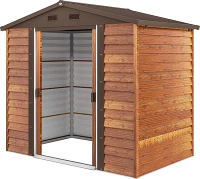 Immagine prodotto di Capanno per attrezzi in metallo effetto legno 3 m² 152 x 235,7 x 208,7 cm Capanno per attrezzi con finestra sul tetto a due falde Doppie porte scorrevoli Casetta da giardino resistente alle intemperie Casetta da giardino esterna per cortile Marrone |