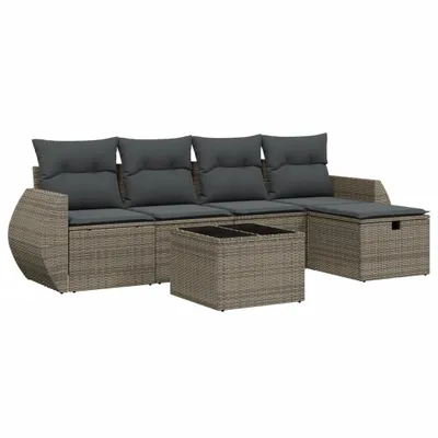 Image de ensemble de salon de jardin 6 pièces avec coussins Gris Poly Rattan