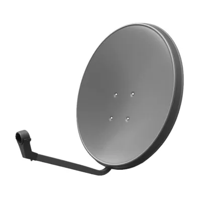 A satellite dish with a mounting arm, isolated on a white background.