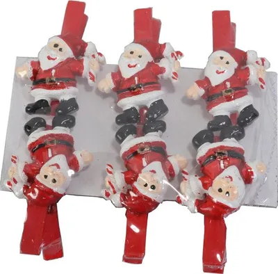 Zdjęcie produktu dla Czerwone klamerki świąteczne z figurką Mikołaja, 5 cm - zestaw 6 sztuk