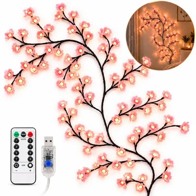 Produktbild von Kirschblüten Lichterkette 1,6 m mit 48 LEDs, USB Blütenzweig mit Fernbedienung, 8 Lichtmodi und Timer, biegsame Wanddeko