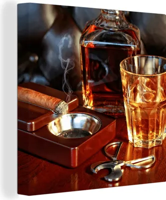 Zdjęcie produktu dla MuchoWow® - Obraz na płótnie - Whiskey - Butelka - Karafka, obraz na ścianę, dekoracja ścienna, obrazy do salonu, 20x20cm