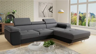 Produktbild von Ecksofa Divo mit einstellbare Kopfstützen und Schlaffunktion, Couchgarnitur, Sofagarnitur, Couch, Schlafsofa (Schwarz + Dunkelgrau (Soft 011 + Sawana 05), Ecksofa Rechts)