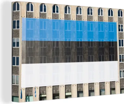 Obrázok produktu pre OneMillionCanvasses® - Obrazy na plátne - 140x90 cm, Vlajka Estónska na budove, Nástenná umelecká tlač Nástenná dekorácia - Fotografia na plátne - Maľba na drevenom ráme