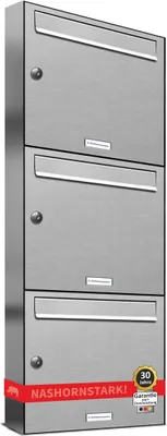 A vertical, three-tier stainless steel mailbox unit shown from the front.