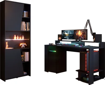 Produktbild von Gamingtisch >Gaming 2< (Set) inkl. Regal, LED-Beleuchtung, Nachbildung schwarz - 152x87x62cm BxHxT)