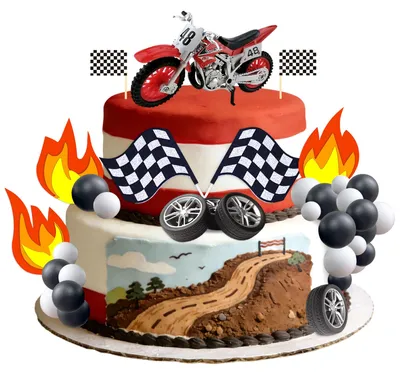 Motorrad-Tortendekoration, 30-tlg. Set mit Flammenmotiv, rot