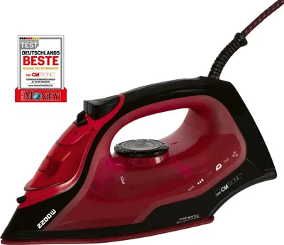 A red and black steam iron is shown in isolation against a white background.