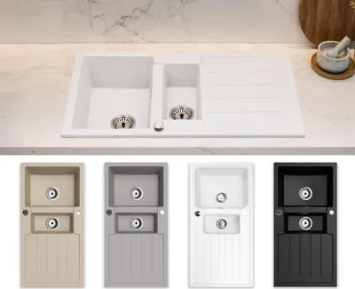 Produktbild von Faizee Home | Granitspüle Napoli Weiß 100 × 50 cm – eckige Einbauspüle mit Haupt- und Zusatzbecken – beidseitig montierbar inkl. Siphon-Set