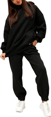 Image de ASKSA Femme Ensemble 2 pièces Survêtement de loisirs Combinaison de sport Sweat à capuche Jogging, Noir, M
