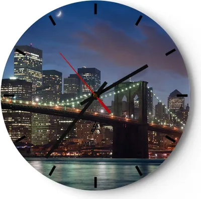 Produktbild von Wanduhr - Rund - Glasuhr - Brooklyn brücke nacht new york city - 30x30cm - Schleichendes Uhrwerk - Lautlos - zum Aufhängen bereit - Dekoration Modern - Wanddekoration aus Glas - C3AR30x30-0512