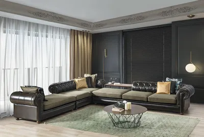 Image de Salon Chesterfield Vert Et Noir En Forme De L Canapé Rembourré Nouveau