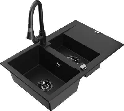 Produktbild von Mexen Gaspar 1,5-Becken-Granitspüle mit Abtropffläche und Mischbatterie Elia, Schwarz - 6507-77-670101-70-B
