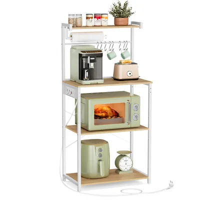 A kitchen rack with various appliances and items on it, set against a white background.