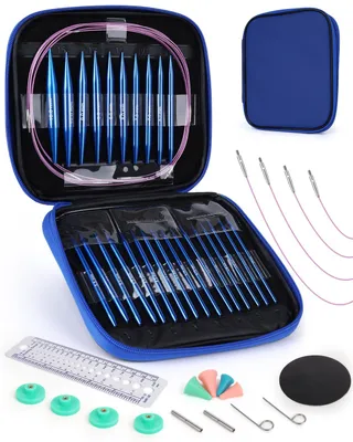 Produktbild von Set mit austauschbaren Rundstricknadeln, inklusive Etui und Zubehör, 13 Paar Stricknadeln von 3 mm bis 10 mm, Aluminium, blau