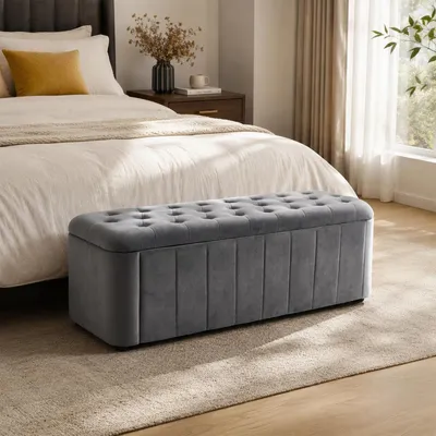 Productafbeelding van Fluwelen bank met opbergruimte, 132x47x44 cm, donkergrijs. Beklede bank, zitkussen