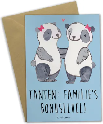Produktbild von Mr. & Mrs. Panda Glückwunschkarte Tante Bonuslevel - Blau Pastell - Geschenk, Grußkarten, Geschenke, kommunionskarte, Lustig, weihnachtskarten, Neffe, einladungskarten