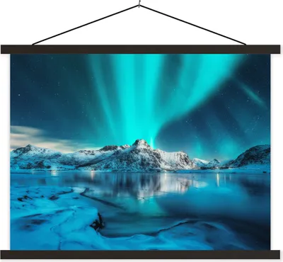 Produktbild von MuchoWow® Textilposter Nordlicht - Eis - Schnee - Norwegen - Blau - Berge 40x30 cm mit schwarzem Rahmen - Dekorationen