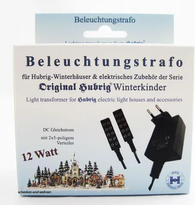 The image shows the packaging of a lighting transformer for Hubrig winter houses.