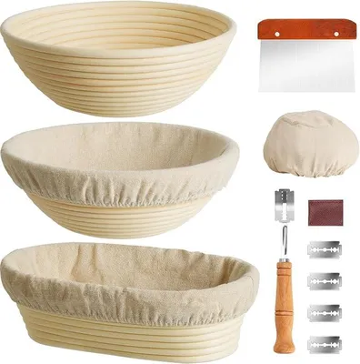 Imagen del producto de Silecomplaza, juego de 3 cestas de fermentación para pan, redondas y ovaladas (22,9 cm de diámetro, 2 cestas redondas de 25,4 cm de diámetro y 1 cesta ovalada de 25,4 cm), cestas de fermentación para masa madre con forro de lino, pala para manipular la masa y rascador de metal