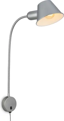 A silver adjustable wall lamp with a flexible gooseneck and a conical shade, shown against a white background.