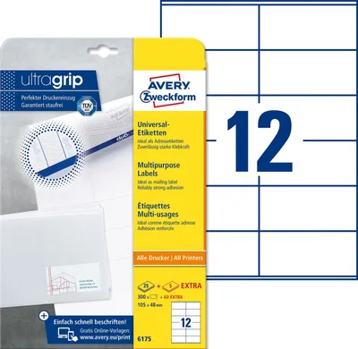 Produktbild von Universal-Etiketten ultragrip 105x48 mm VE=30x360 Etiketten / 30 Bogen weiß