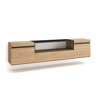 A wall-mounted TV cabinet with a wood finish and black accents.