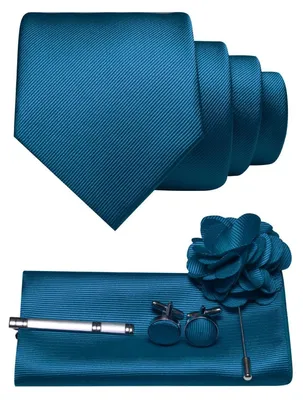 Produktbild von Herren Krawatten-Set mit Einstecktuch, Manschettenknöpfen, Krawattenklemme und Brosche, pfauenblau