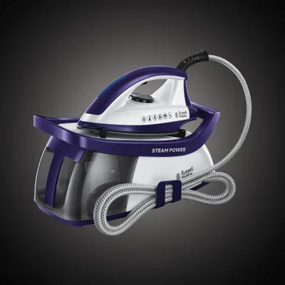 A Russell Hobbs steam power steam iron station is displayed against a dark gray background.