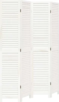 A white, four-panel room divider made of slatted wood.