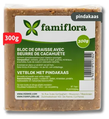Produktbild von Famiflora Fettblock für Freilandvögel - Mit Erdnussbutter - 300g - Ergänzungsfuttermittel - Enthält Erdnüsse - Ideal für Futterhäuschen