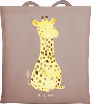 Produktbild von Mr. & Mrs. Panda Jutetasche Giraffe Zufrieden - Braun Pastell - Geschenk, Schultasche, Tasche, Jutebeutel, Glück, Beutel, Afrika, Abenteuer, einkaufsshopper, Tote Bag