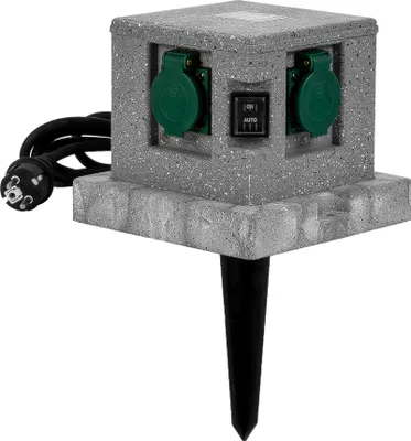 Produktbild von Grafner Gartensteckdose in Steinoptik mit Dämmerungssensor ON/AUTO, 4 Steckdosen, 3680W / 16A, 3 Meter Zuleitung mit Stecker, eckig, Energiesäule Mehrfachsteckdose Außen Outdoor Stein Optik Würfel