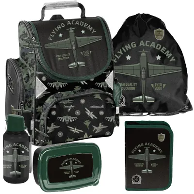 Produktbild von Schulranzen 5-tlg. Set für Mädchen & Jungen FLUGZEUG – Paso Ranzen, Mäppchen, Tasche, Flasche, Frühstückstasche