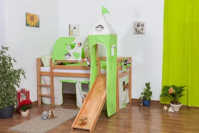 Produktbild von Kinderbett Hochbett Andi Buche Vollholz massiv natur mit Rutsche und Turm inkl. Rollrost - 90 x 200 cm