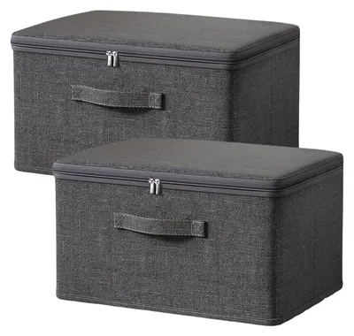 Image de Boîte de rangement en tissu 2 pièces avec couvercle, boîte empilable et pliable avec fermeture à glissière, boîtes de rangement avec couvercle et poignée pour couvertures et vêtements (XL : 45 x 35 x