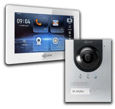 Produktbild von GOLIATH IP Aufputz Video Türsprechanlage Set für 1 Familienhaus (Silber 180° Türstation, 7" Touchscreen Monitor Weiß, App)
